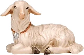 Hand-carved wooden lamb lying down looking left, cream color with painted details