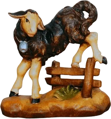 Hand-carved and hand-painted wooden dark lamb jumping over a small fence, brown and cream colors