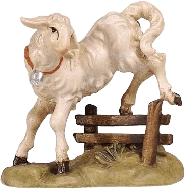 Hand-carved wooden lamb jumping over a rustic fence, painted in natural colors