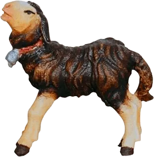 Hand-carved wooden dark lamb standing figure with detailed painting and small bell