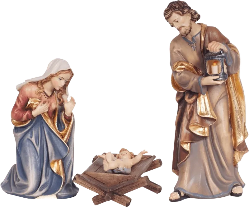 Hand-carved and hand-painted wooden Holy Family figures with rustic manger, Mary kneeling, Joseph holding lantern