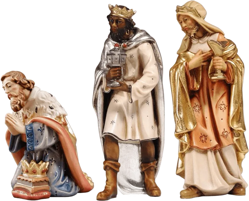 Hand-carved and hand-painted wooden Three Kings figures in colorful robes and crowns