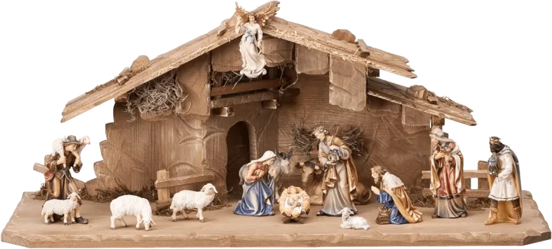 15-piece hand-carved and hand-painted wooden nativity set with natural wood stable and figures including Mary, Joseph, Jesus, shepherds, kings, animals, and angel