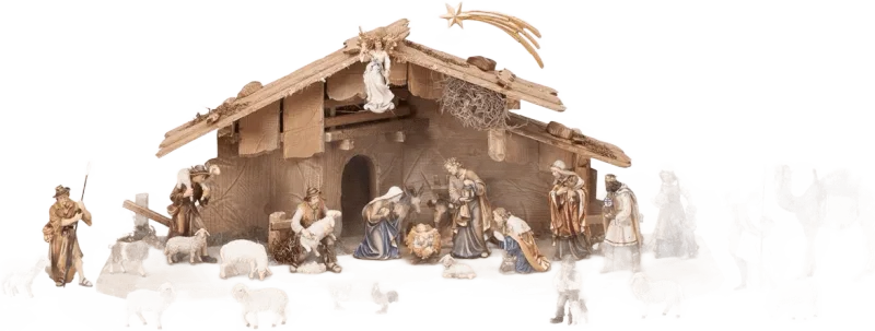 29-piece hand-carved wooden nativity set with stable, painted figures including Holy Family, shepherds, kings, animals, and star