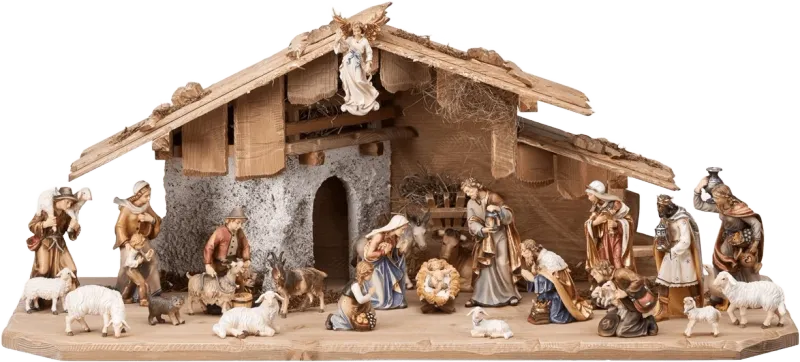 24-piece hand-carved wooden nativity set with stable, hand-painted figures including Holy Family, shepherds, kings, animals