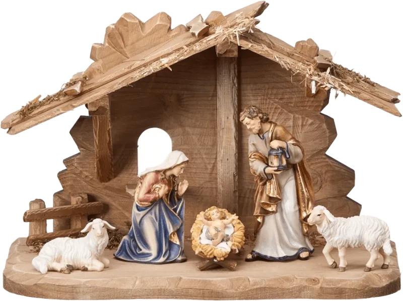 Hand-carved and hand-painted wooden nativity set with stable, Holy Family and two sheep