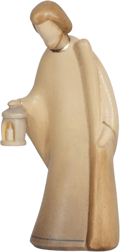 Hand-carved wooden St. Joseph figure holding a lantern, beige and brown tones