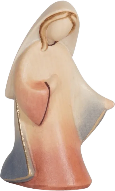 Hand-carved wooden St. Mary nativity figure in soft peach, cream, and blue tones with gold accents
