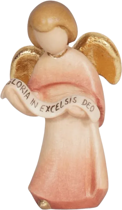Hand-carved wooden Gloria Angel figure with gold wings holding a banner