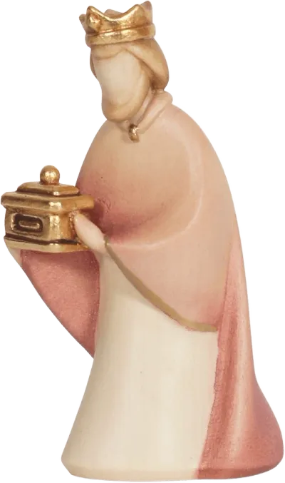 Hand-carved wooden King Caspar figure holding a gold gift box, painted in soft pink and cream tones
