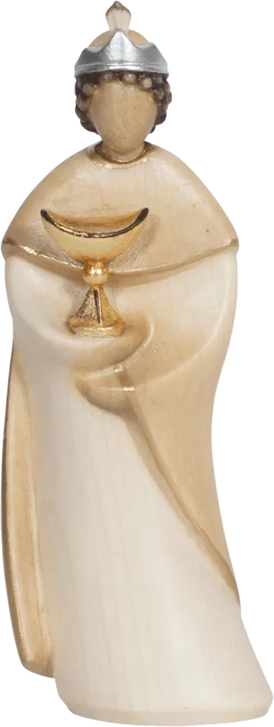 Hand-carved wooden King Balthazar figure holding gold chalice with silver crown and beige robes