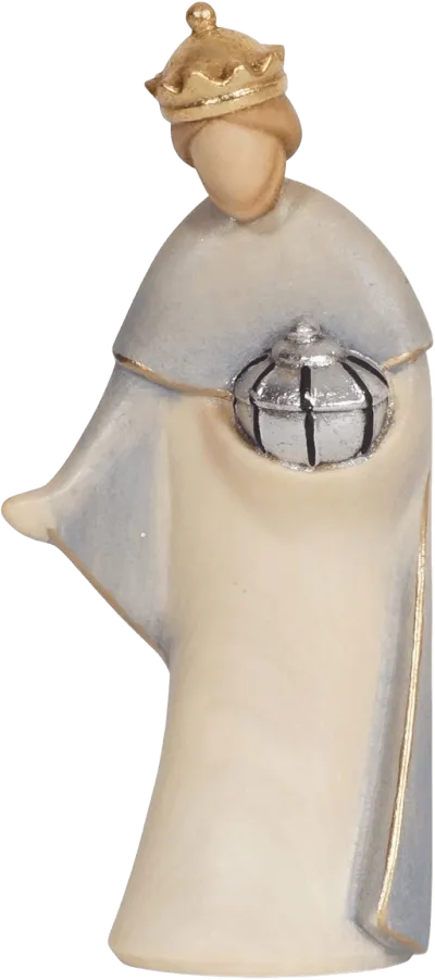 Hand-carved wooden King Melchior figure with gold crown and silver gift, minimalist style
