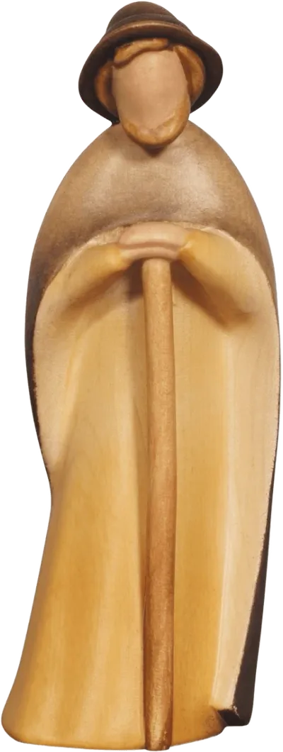 Hand-carved wooden shepherd figure holding a stick, minimalist style with natural wood tones and brown shading