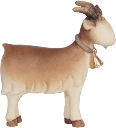 Hand-carved wooden goat figure with brown and cream tones and a small gold bell
