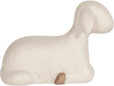 Hand-carved wooden sheep lying down in white and natural wood tones