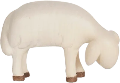 Hand-carved wooden sheep grazing figure in natural light wood with brown hooves