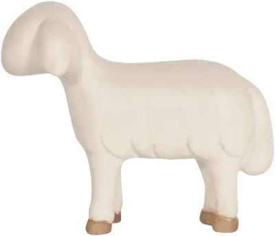 Minimalist hand-carved wooden sheep figure in white with brown hooves