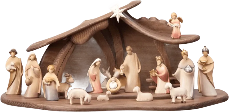 Hand-carved wooden nativity set with stable, 19 pieces including Holy Family, Magi, shepherds, animals, and angel in natural wood and soft paint
