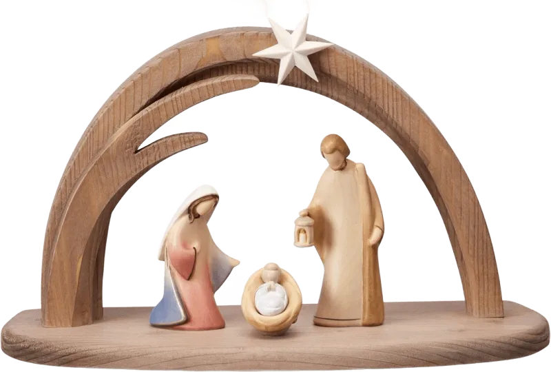 5-piece hand-carved wooden nativity set with minimalist stable and star, soft painted colors