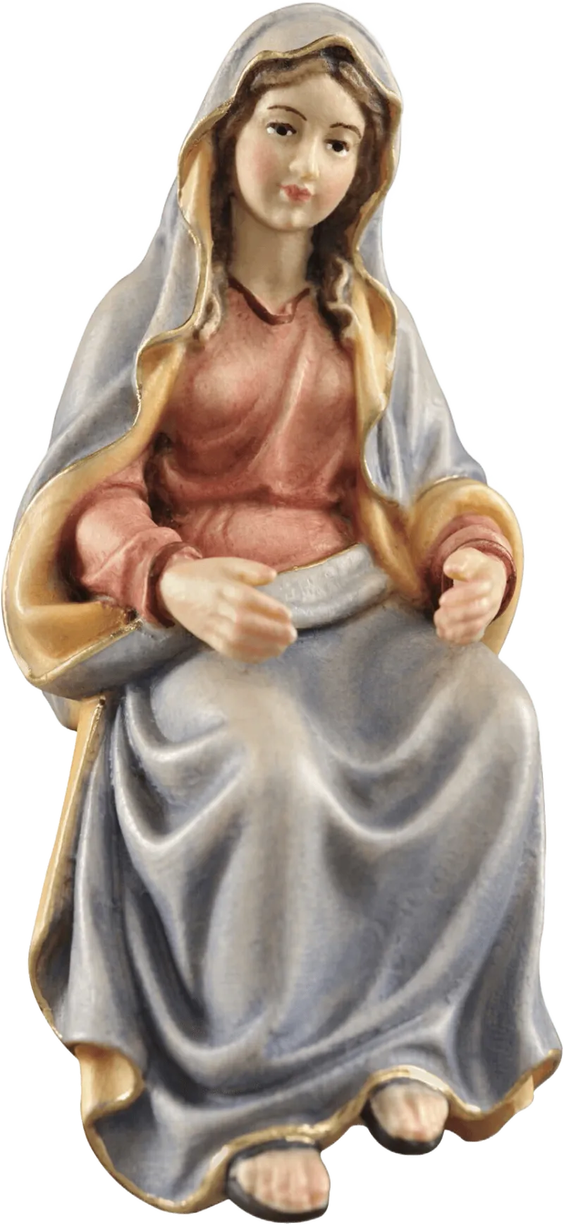 Hand-carved and hand-painted wooden figure of Mary seated, wearing blue and pink robes with gold trim
