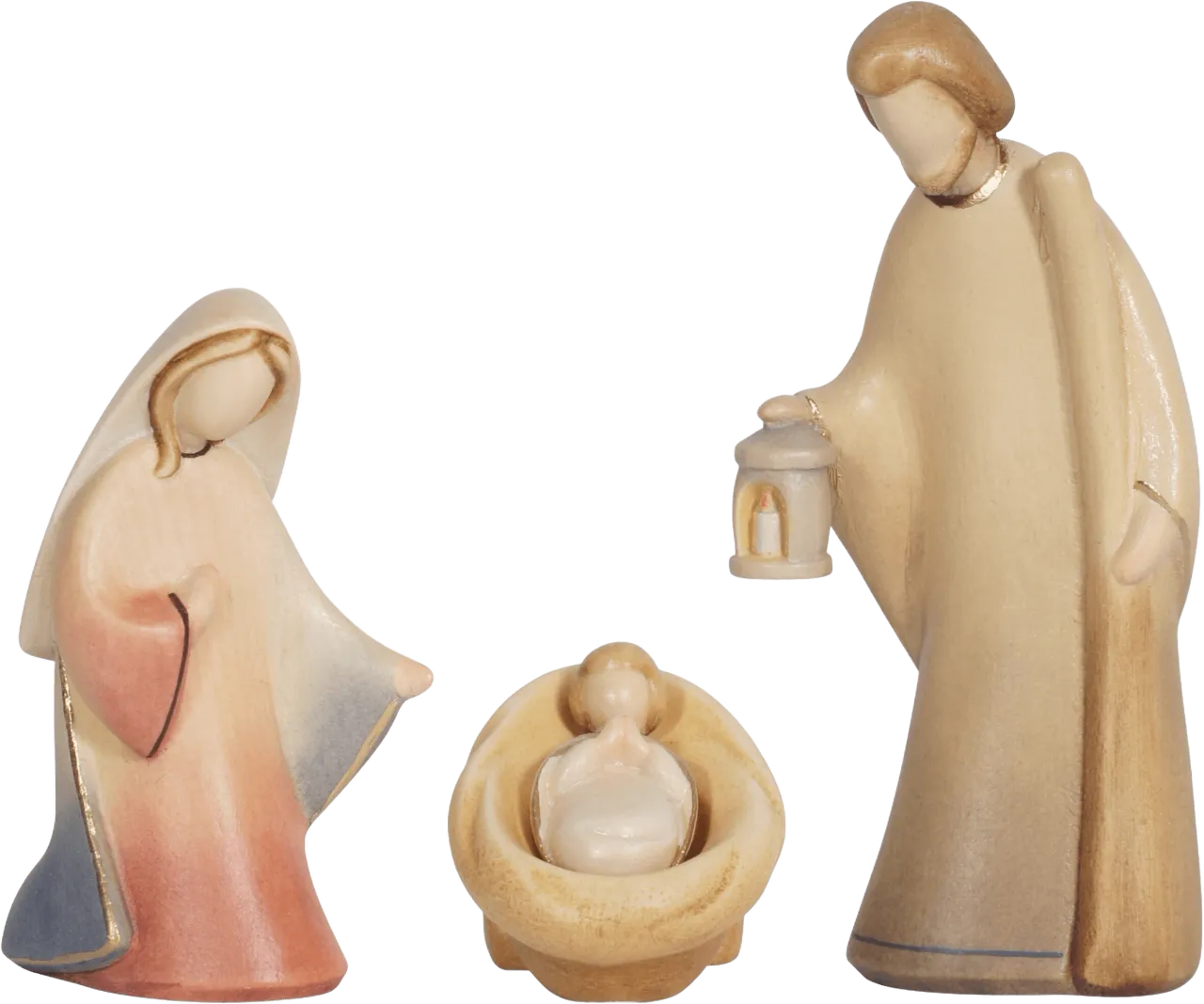 Hand-carved wooden Holy Family nativity figures with soft hand-painted colors, Mary, Joseph with lantern, and baby Jesus in manger