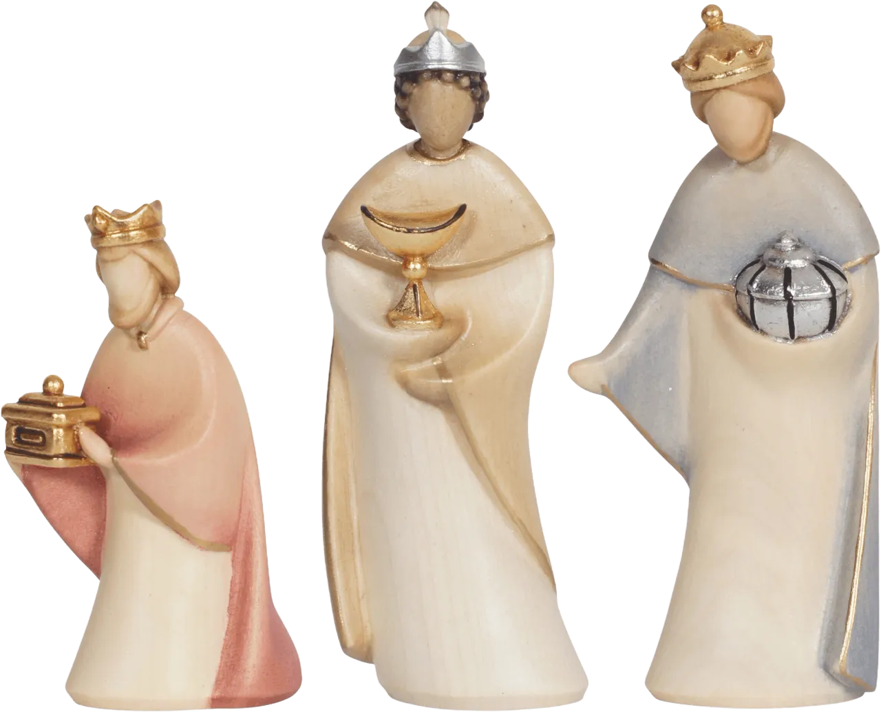 Three Kings hand-carved wooden nativity figures with gold and silver crowns and gifts