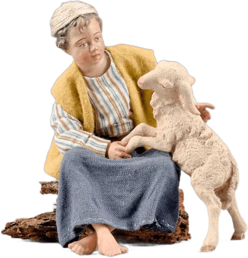 Boy with Lamb, seated with lamb standing – nativity figure by Original Heide