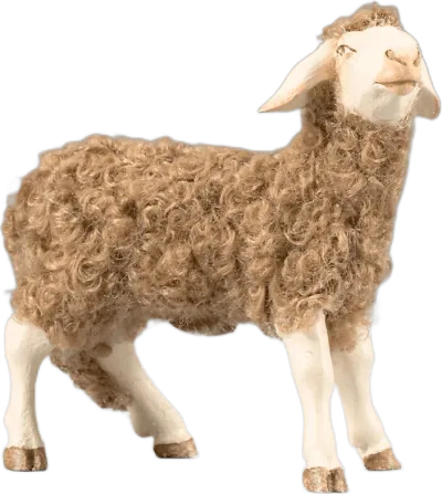 Sheep with wool brown, head raised – nativity figure by Original Heide