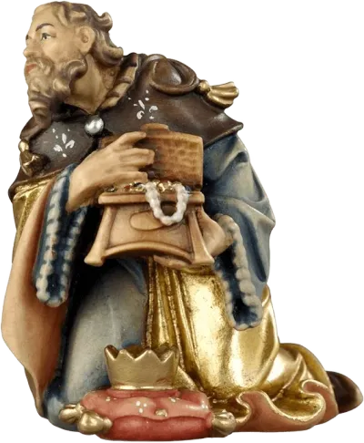 Kneeling King hand-carved wooden figure in blue and gold robes holding treasure chest