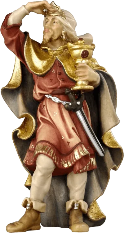 Hand-carved wooden Standing King figure with red and gold robes holding a golden chalice