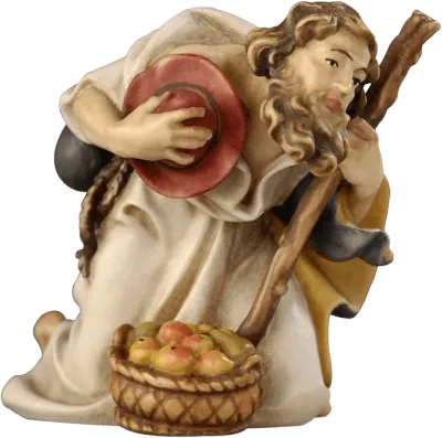 Hand-carved wooden shepherd kneeling with stick and red hat, basket of fruit, hand-painted
