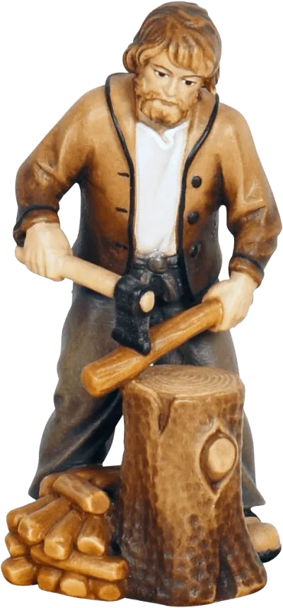 Hand-carved wooden Woodcutter figure with axe chopping wood, hand-painted in brown and beige tones