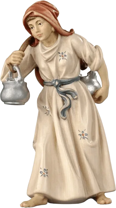 Hand-carved wooden Woman with Jugs figure in beige dress and red headscarf, carrying two silver jugs