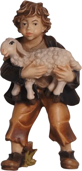 Hand-carved wooden figure of boy holding a lamb, hand-painted in brown and beige tones