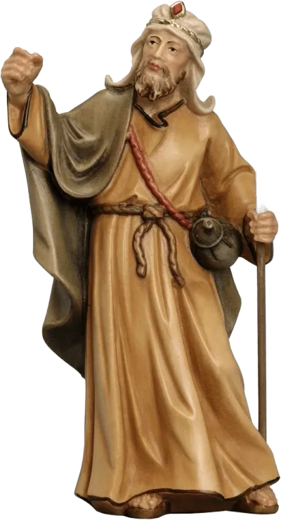 Hand-carved and hand-painted wooden Elephant Driver figure holding a spear, dressed in tan and green robes
