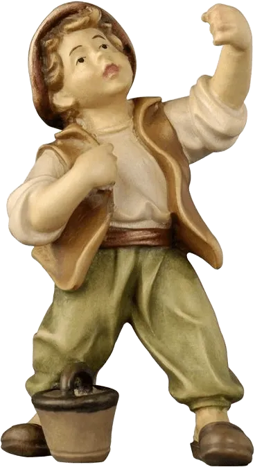 Hand-carved wooden figure of boy with bucket, painted in brown, cream, and green colors
