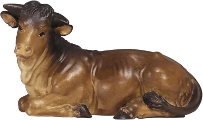 Hand-carved wooden ox lying down with brown and tan paint, detailed texture
