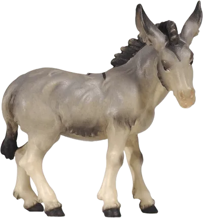 Hand-carved and hand-painted wooden donkey nativity figure in gray and black tones