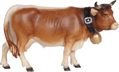 Hand-carved and hand-painted wooden cow looking right with brown and white coat and gold bell
