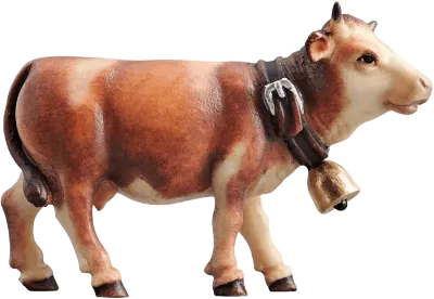 Hand-carved wooden cow looking forward with brown and white coloring and bell collar