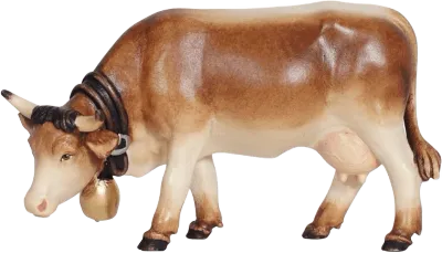 Hand-carved and hand-painted wooden Cow Grazing nativity figure in brown and cream tones with bell collar