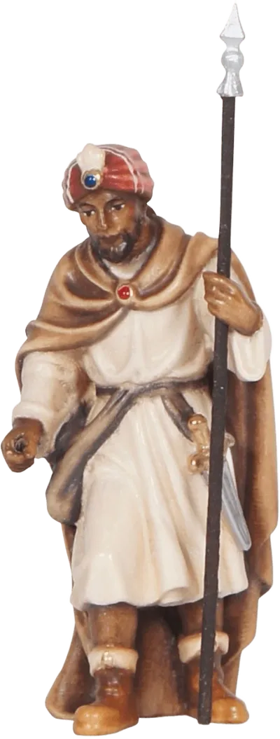 Hand-carved wooden Camel Driver figure holding a staff, wearing a turban and cloak, painted brown and cream