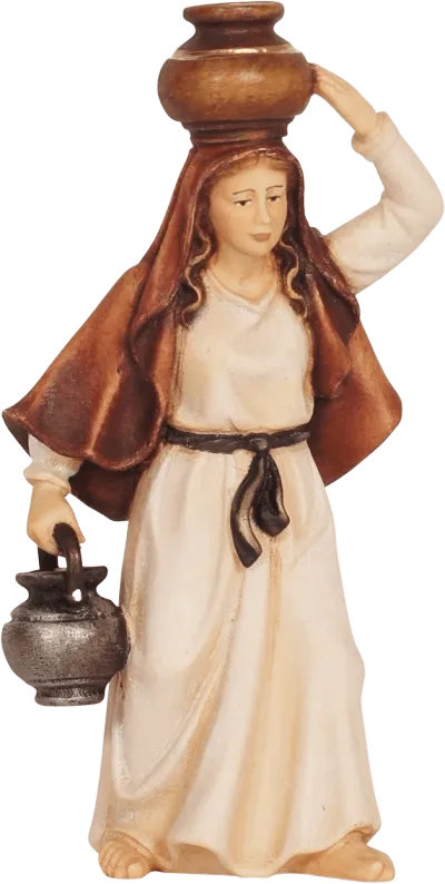 Hand-carved wooden nativity figure of woman carrying water jugs, painted in cream and brown