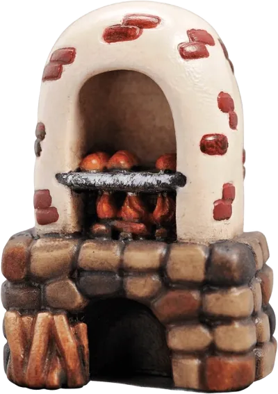 Hand-carved wooden bread oven stable figure with painted stone base and glowing embers