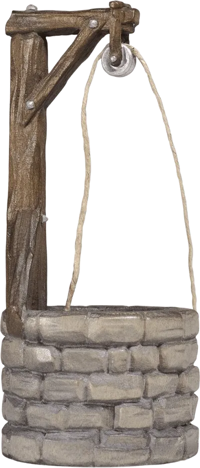 Hand-carved wooden nativity well with stone base, wooden beam, pulley and rope, hand-painted