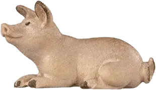 Hand-carved wooden piglet lying down, painted in natural colors
