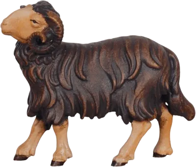 Hand-carved wooden dark ram looking left with textured fur and natural paint