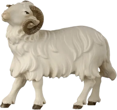 Hand-carved wooden ram figure looking left with curled horns and textured white fur