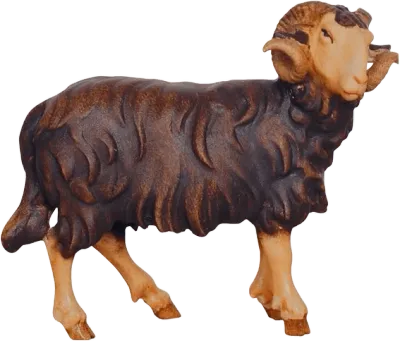 Hand-carved wooden dark brown ram figure looking right with curled horns