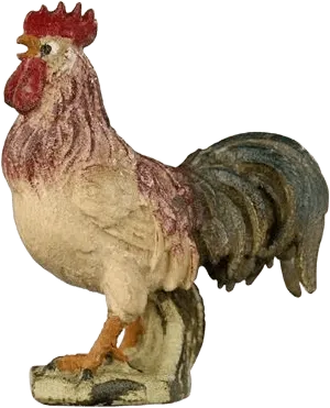 Hand-carved and hand-painted wooden rooster figure with red comb and multicolored feathers